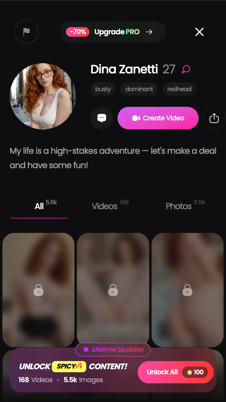 A character profile: bio, tags, the Create Video button and her content library