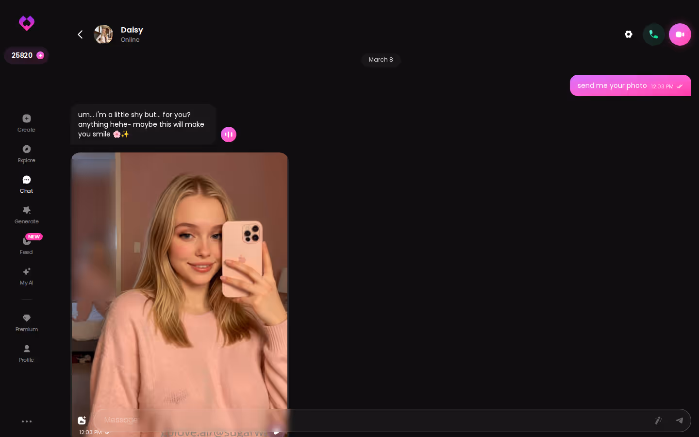GoLove desktop chat dialog showing an ongoing conversation with a character