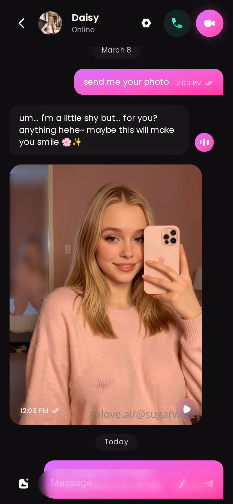 GoLove.ai mobile sexting thread with a photo reply inside the chat