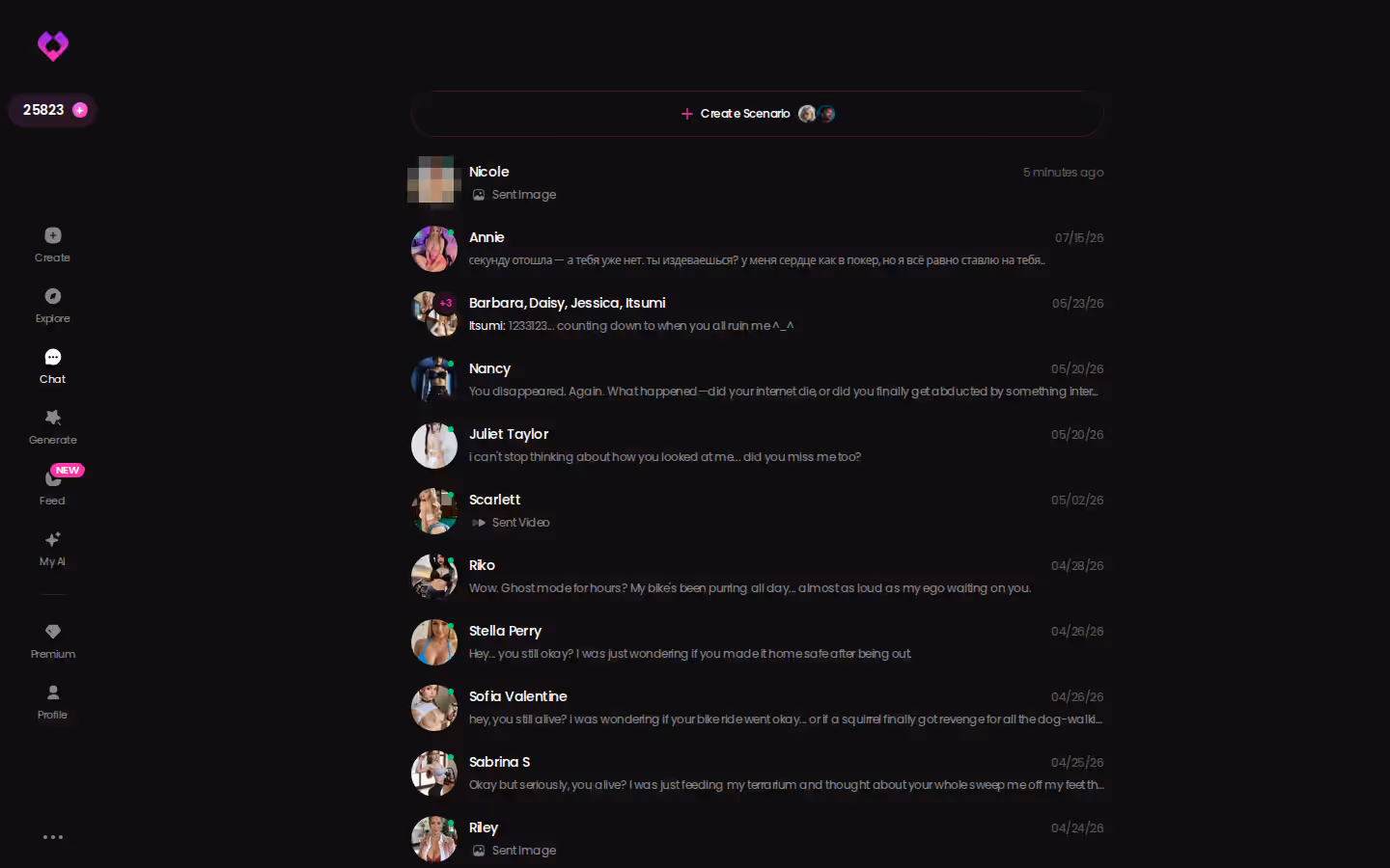GoLove.ai chats inbox with several active conversations — most customizable ai girlfriend app