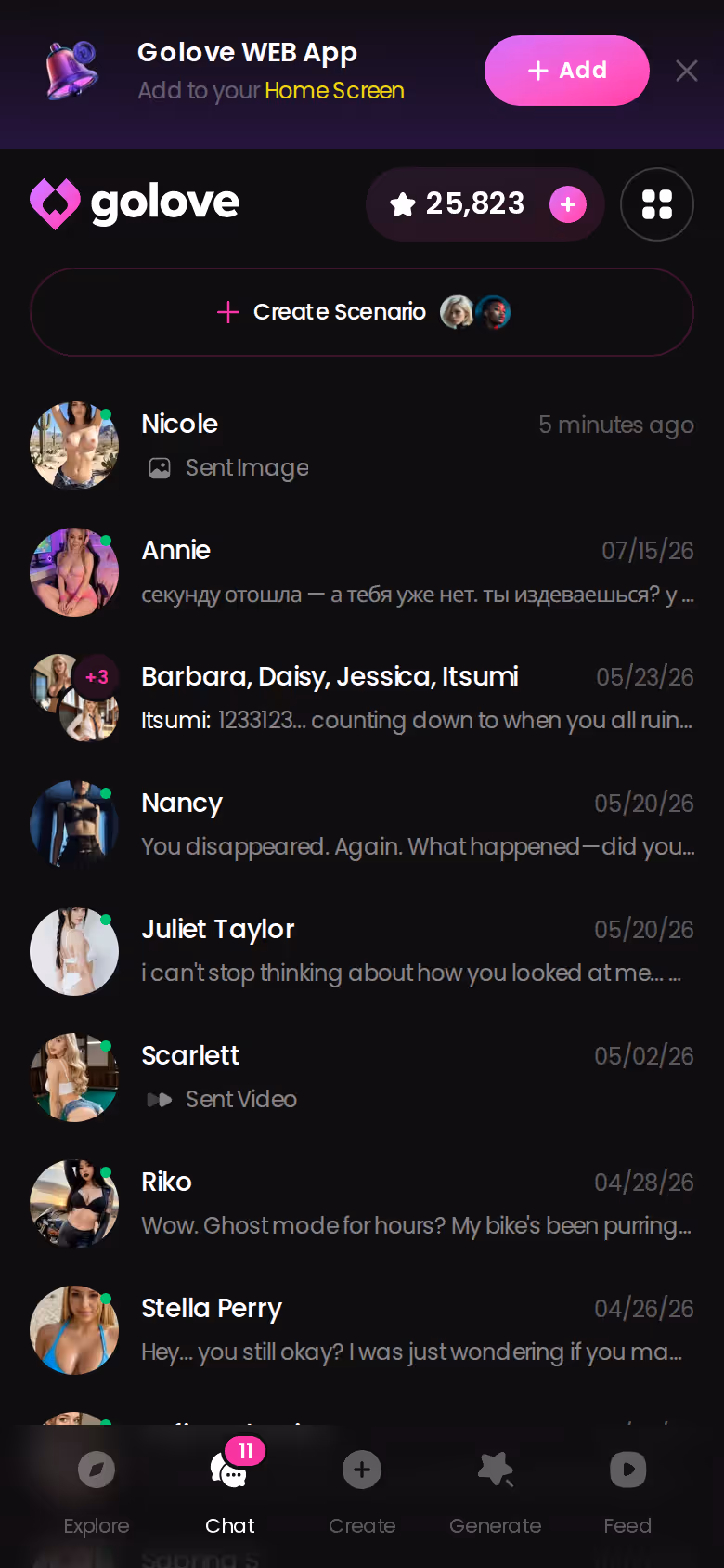 GoLove.ai mobile chats list with last-message previews for every character