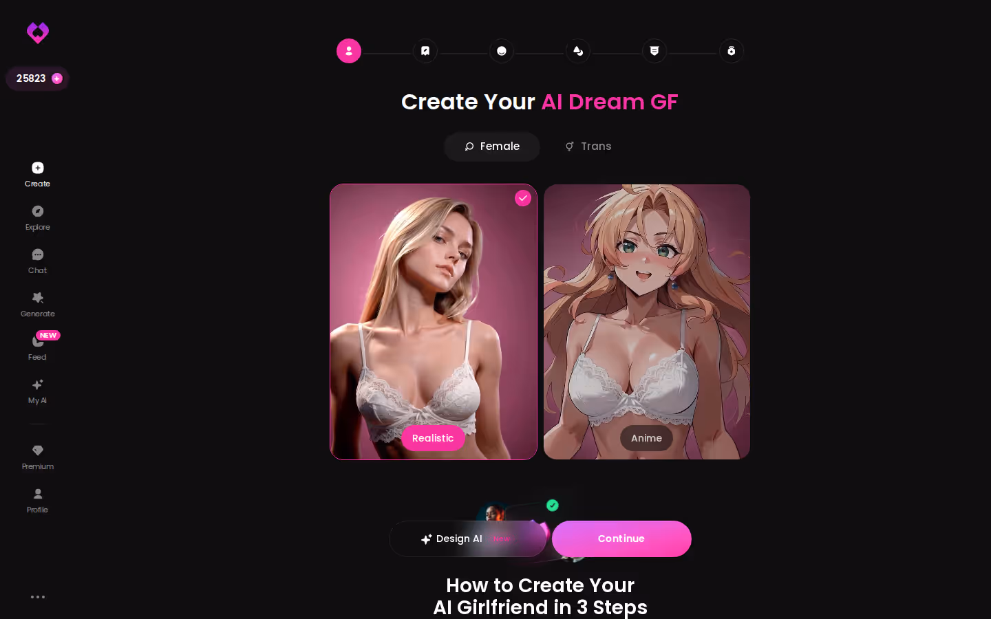 GoLove.ai Create wizard — Female or Trans, Realistic or Anime pick — hot bot ai