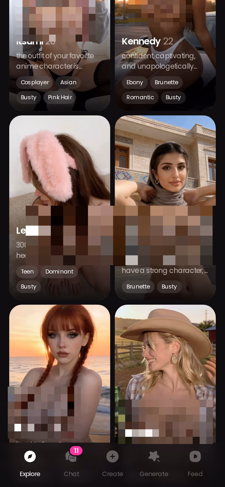 GoLove Explore tab on mobile showing the realistic character catalog