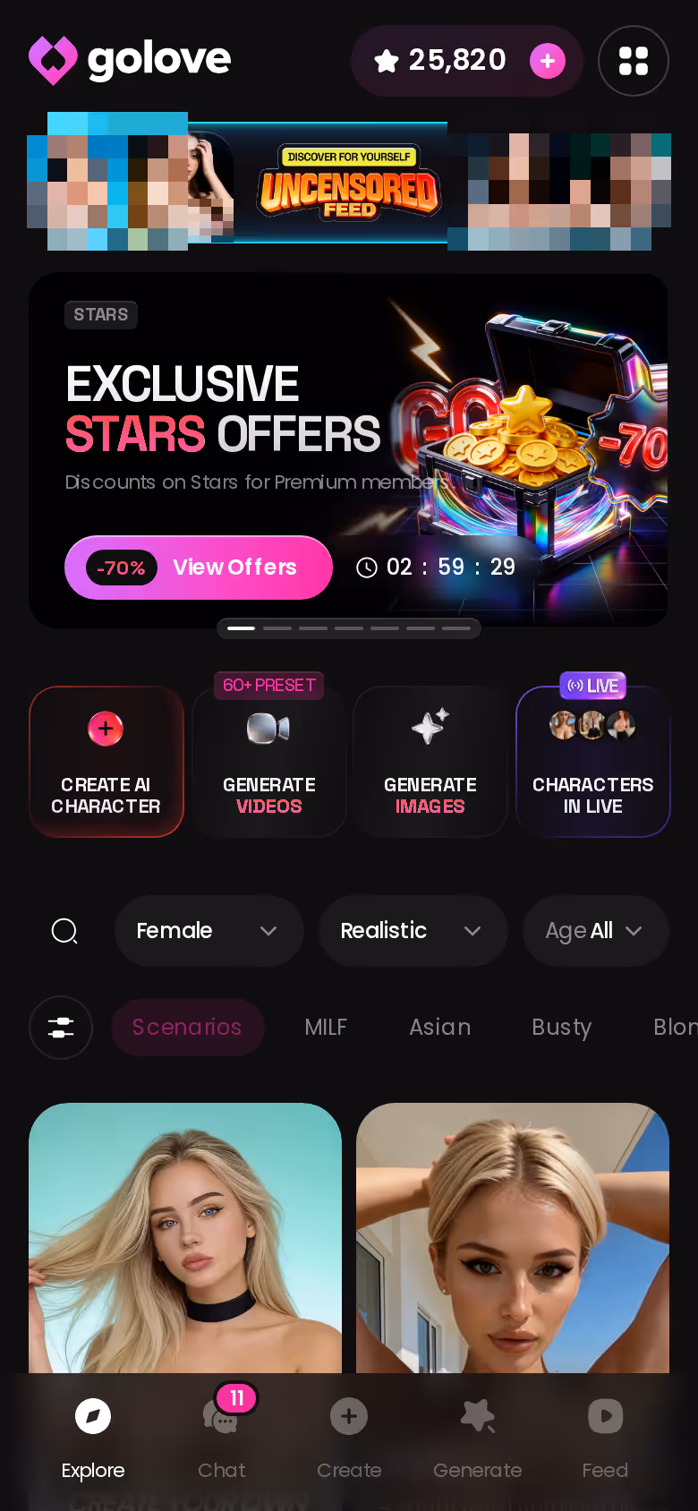 Mobile GoLove.ai Explore page with banners and character grid — how to turn off nsfw filter on character ai