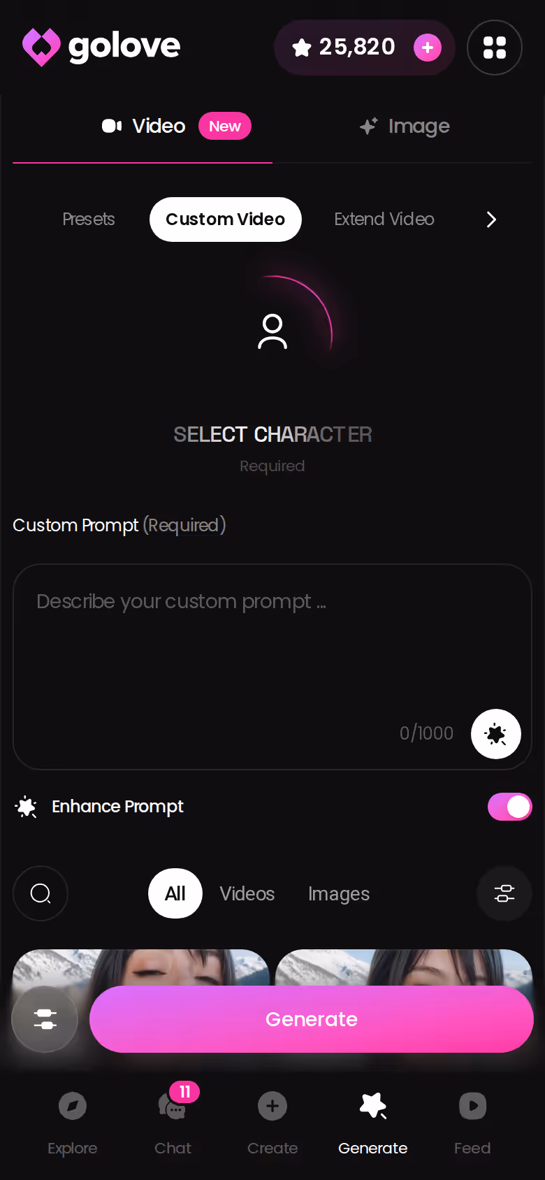 GoLove's mobile Video generator with preset action cards loaded on a custom character