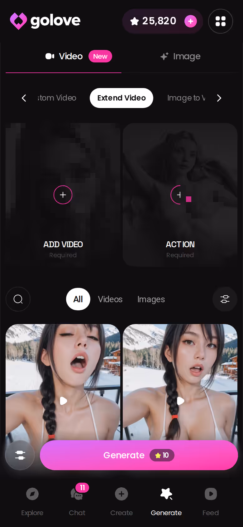 GoLove.ai Extend Video tool on mobile continuing a clip past its ending