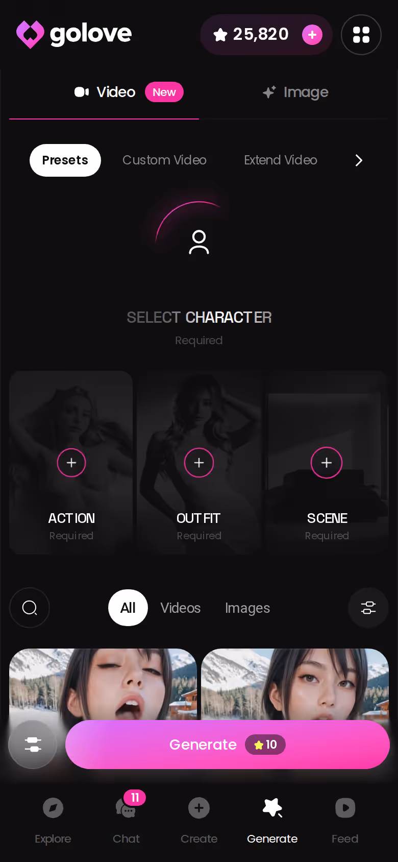 GoLove Generate hub on mobile with Image and Video tabs and preset cards