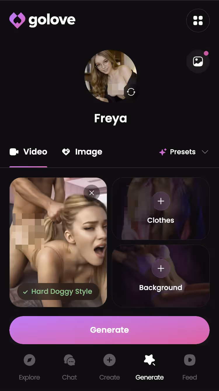 GoLove.ai mobile video generator with action, outfit and scene picks for a character