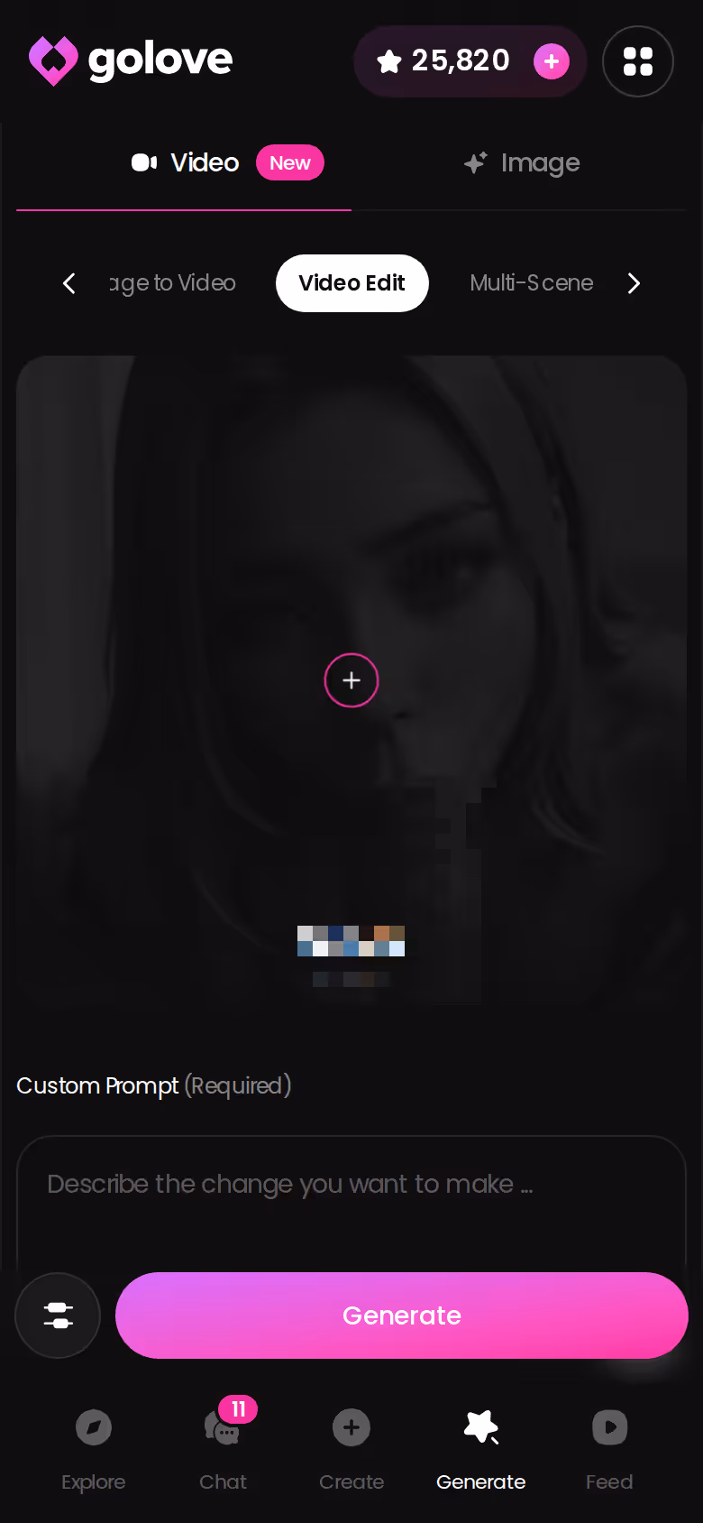 GoLove.ai Video Edit screen on mobile, one of the generator tools that spends Stars